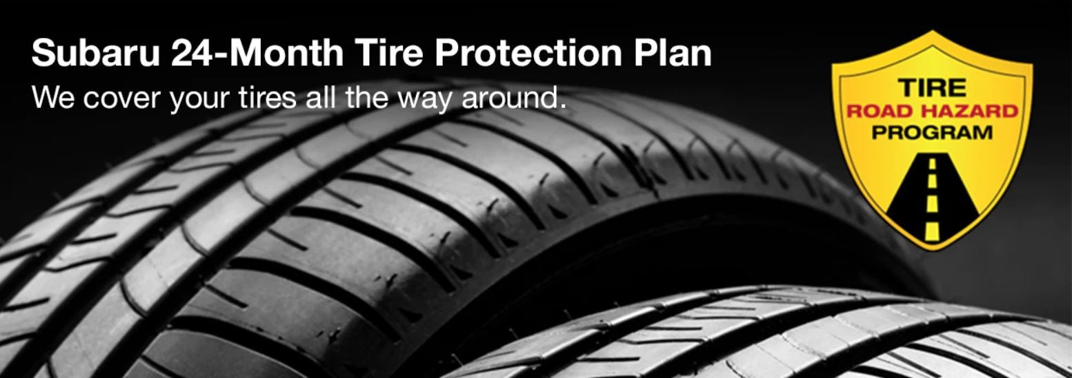 Subaru tire with 24-Month Tire Protection and road hazard program logo. | Dalton Subaru in National City CA
